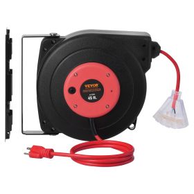 Retractable Extension Cord Reel, 45 FT, Heavy Duty 12AWG/3C SJTOW Retractable Power Cord with Lighted Triple Tap Outlet