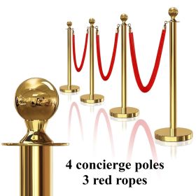 [Gold Stanchion with Red Rope] 4pcs 37in Stainless Steel Gold Stanchion with Ball Top | 3pcs 5ft/1.5m Red Rope Crowd Control Barrier for Theaters