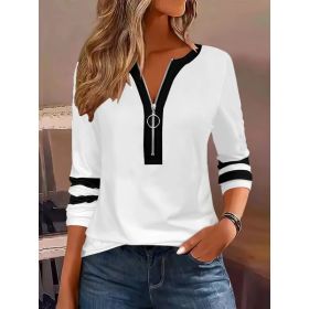 Women's V-collar Contrast Color Striped Loose Zip Long-sleeved T-shirt (Option: White-M)