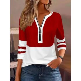 Women's V-collar Contrast Color Striped Loose Zip Long-sleeved T-shirt (Option: Red-S)