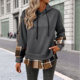 European And American Long Sleeve Plaid Colorblock Hooded Velvet Padded Sweater (Option: Dark Grey-XL)
