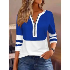 Women's V-collar Contrast Color Striped Loose Zip Long-sleeved T-shirt (Option: Blue-XL)