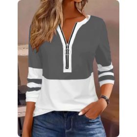 Women's V-collar Contrast Color Striped Loose Zip Long-sleeved T-shirt (Option: Grey-XXL)
