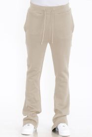 Mens Solid Fleece Flare Stacked PANTS (Color: OATMEAL, size: 30)