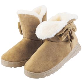 Women Ladies Snow Boots Super Soft Fabric Mid-Calf Winter Shoes Thickened Plush Warm Lining Shoes w/ Anti-slip Rubber Base Bowknot (Color: Beige, size: 6)