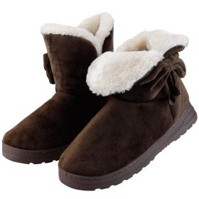 Women Ladies Snow Boots Super Soft Fabric Mid-Calf Winter Shoes Thickened Plush Warm Lining Shoes w/ Anti-slip Rubber Base Bowknot (Color: Coffee, size: 9)