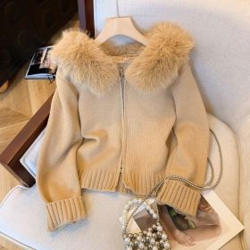 Double Zipper Fur Collar Stitching Design Sense Hooded Knit Cardigan (Option: Khaki-2XL)