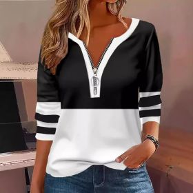 Women's V-collar Contrast Color Striped Loose Zip Long-sleeved T-shirt (Option: Black-L)